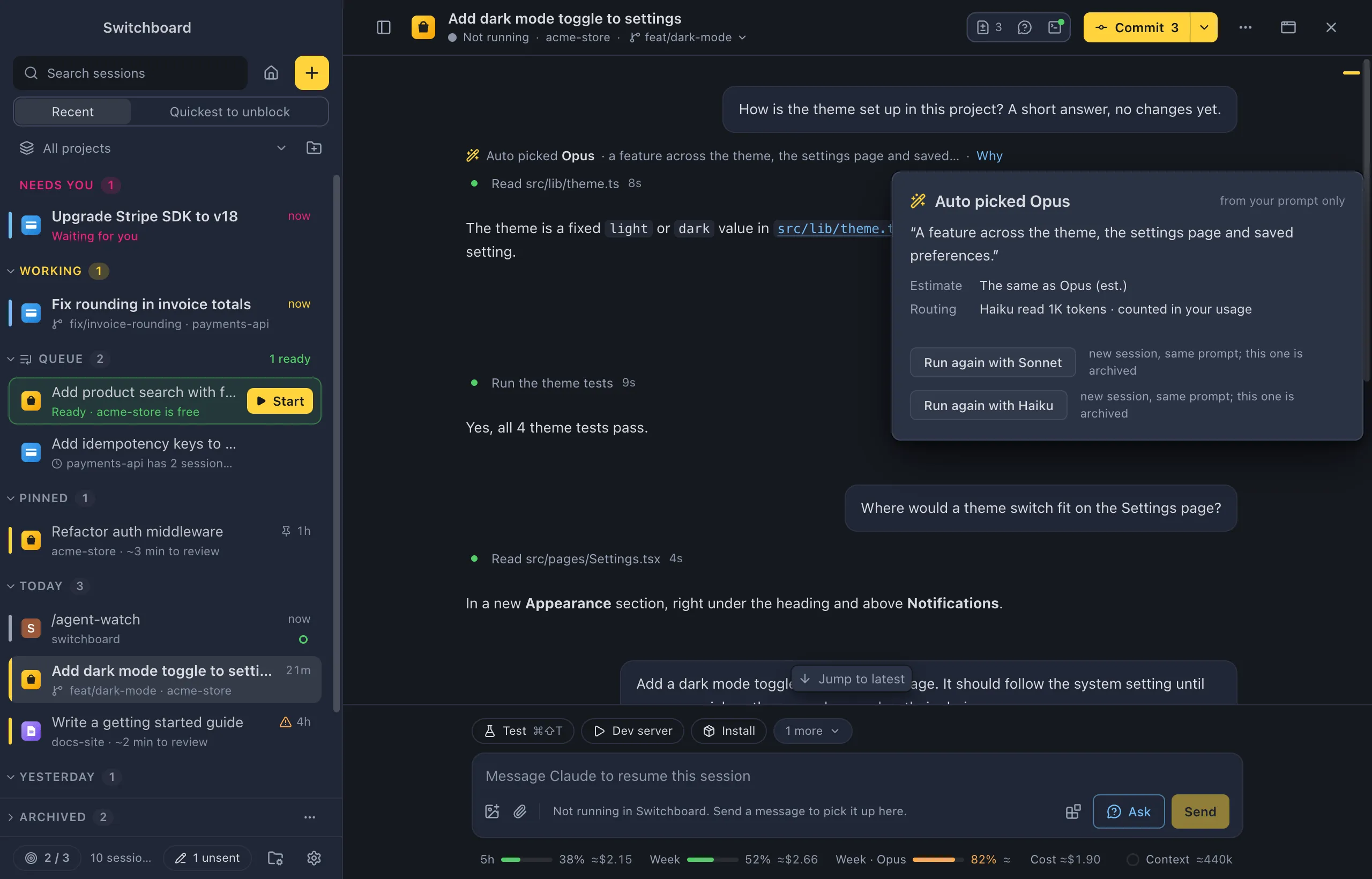 A session with the line 'Auto picked Opus' above Claude's first answer, and the popover from Why: the reason in quotes, an estimate against Opus, the Haiku tokens it used, and Run again with Sonnet and with Haiku