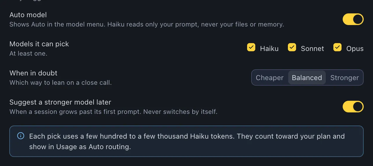Settings, Conversation: the Auto model switch, Models it can pick with Haiku, Sonnet and Opus checked, When in doubt set to Balanced, Suggest a stronger model later, and a note about the Haiku tokens each pick uses