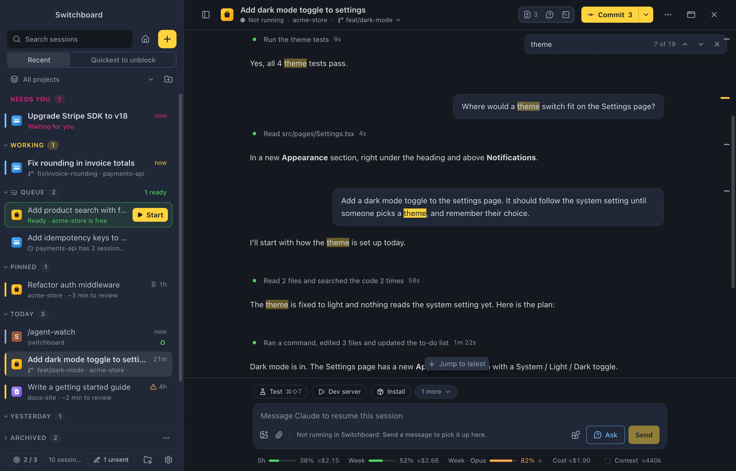 Find in conversation open over a session, with every match highlighted and the count of matches next to the field