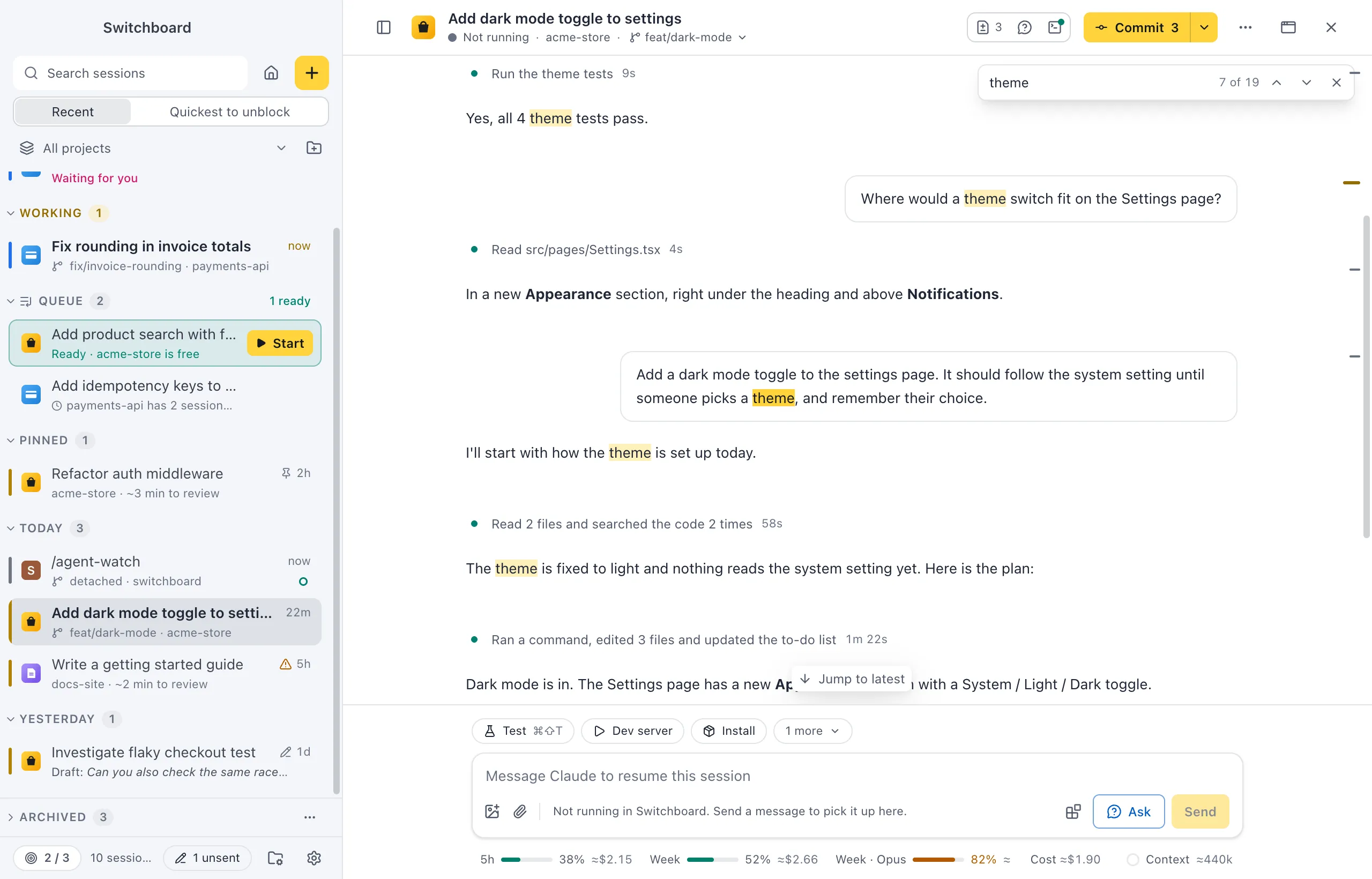 Find in conversation open over a session, with every match highlighted and the count of matches next to the field
