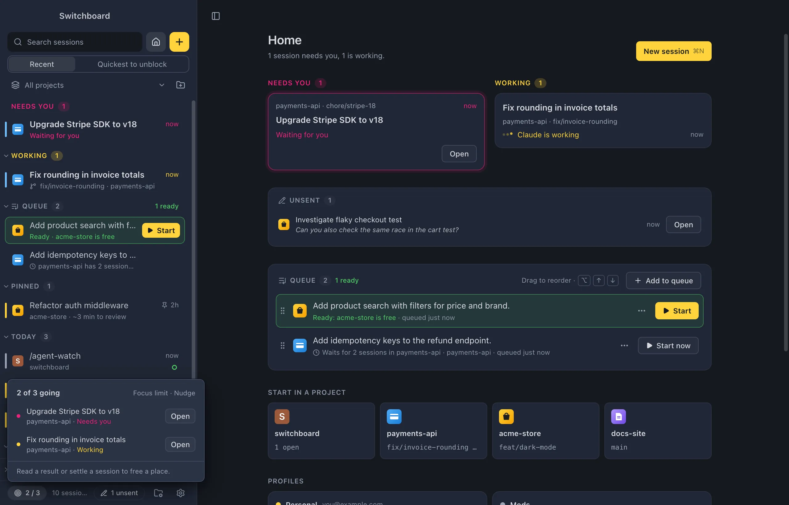 The focus limit counter in the sidebar footer showing 2 / 3, with its popover listing the sessions that count, each with its state and an Open button