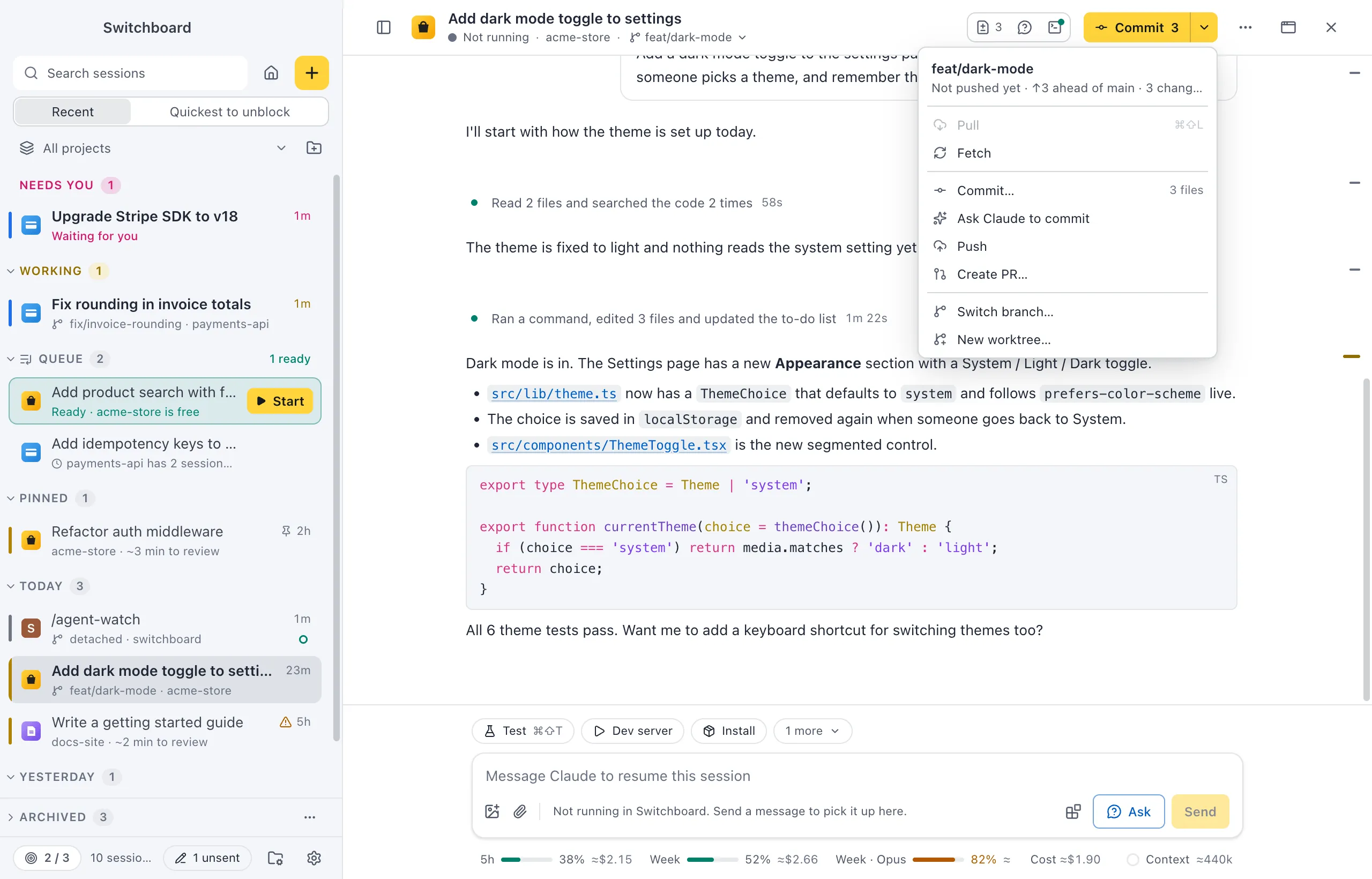 A session header with the git button's menu open: the branch with how far it is behind and ahead and how many files changed, then Pull, Fetch, Commit, Ask Claude to commit, Push, Create PR, Switch branch and New worktree
