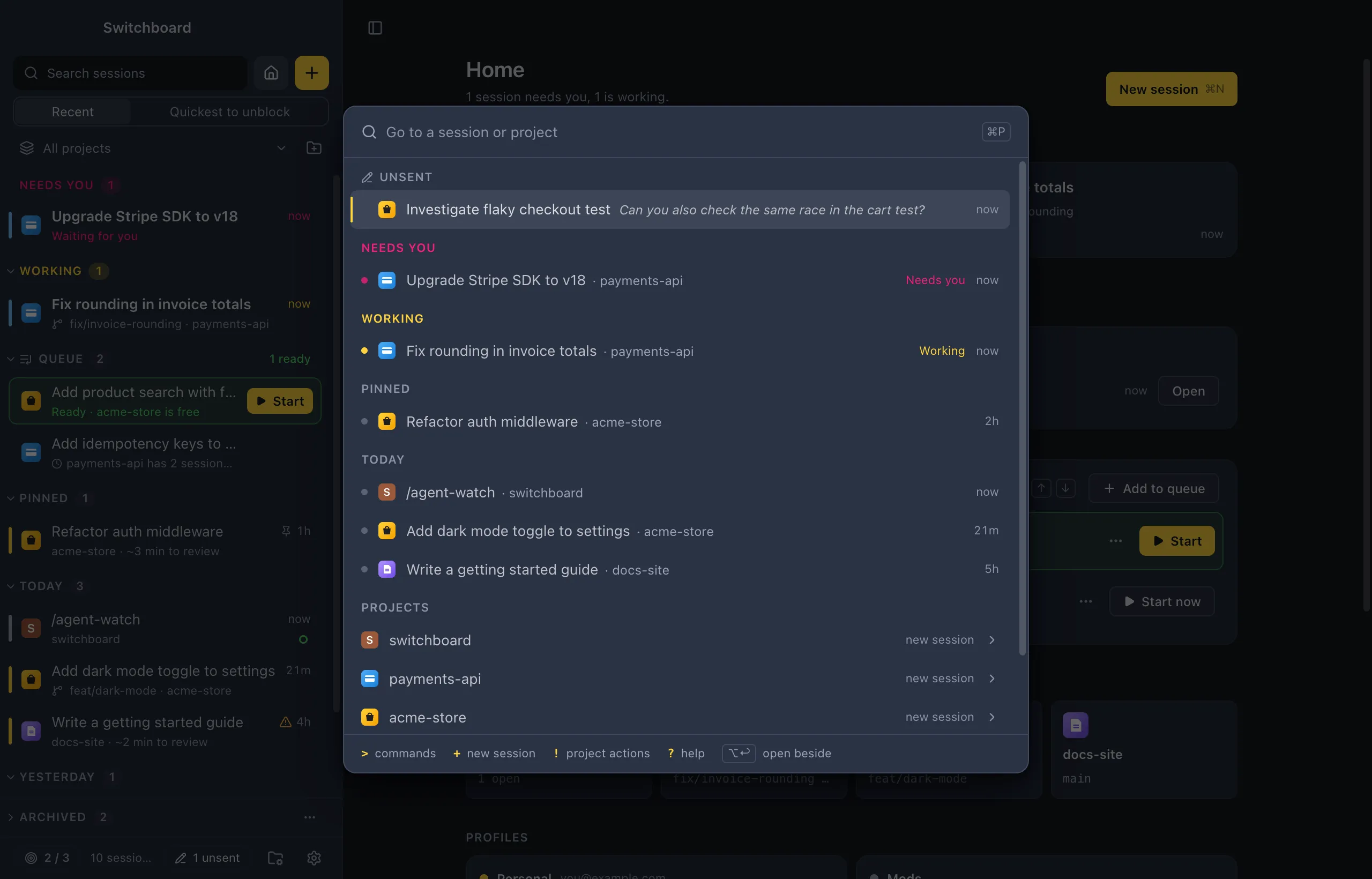The palette in Go to mode: sessions grouped as in the sidebar, with Needs you and Working on top