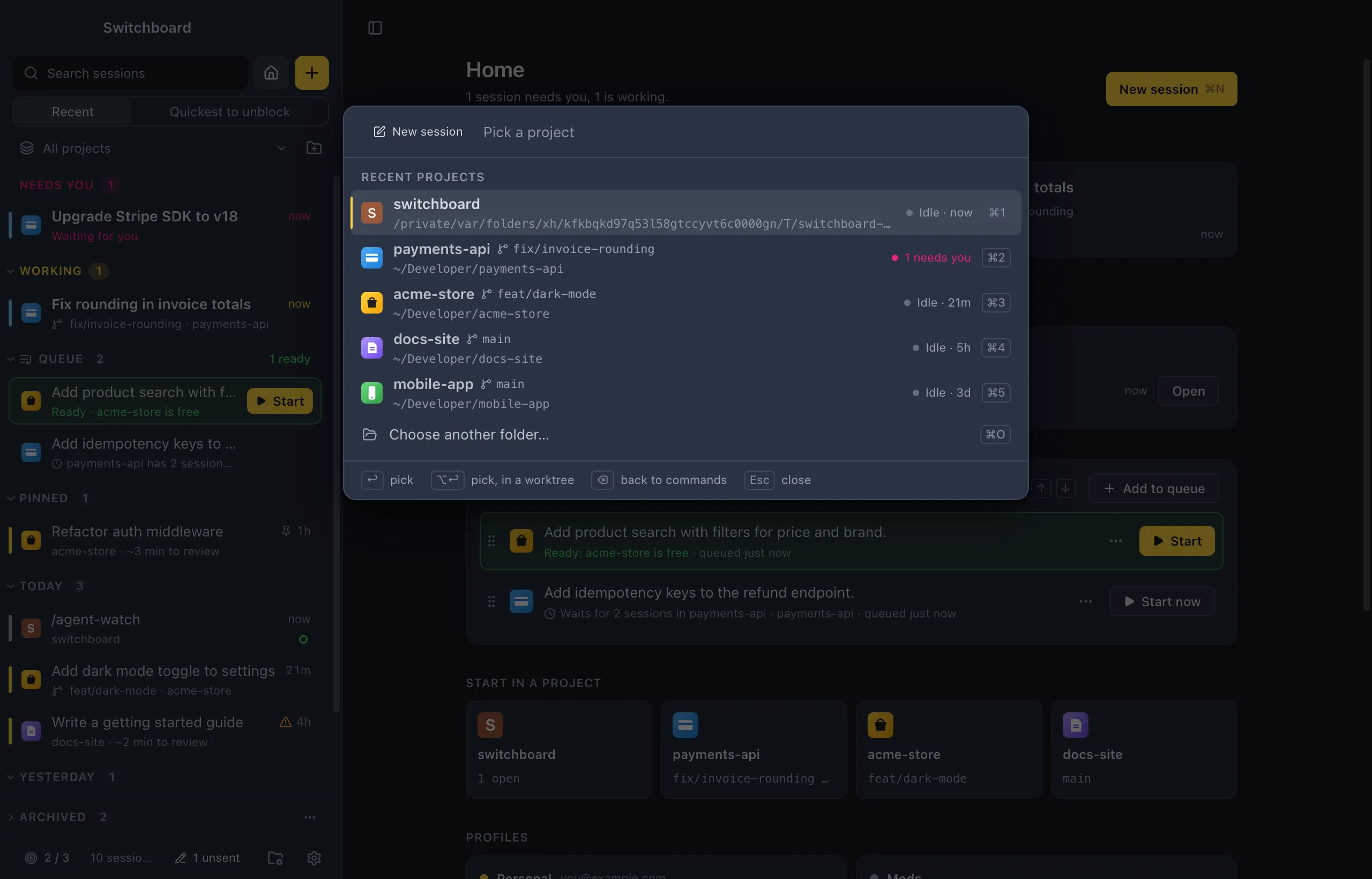 The palette's New session step: recent projects, each with its branch, its status and a shortcut for each of the first four