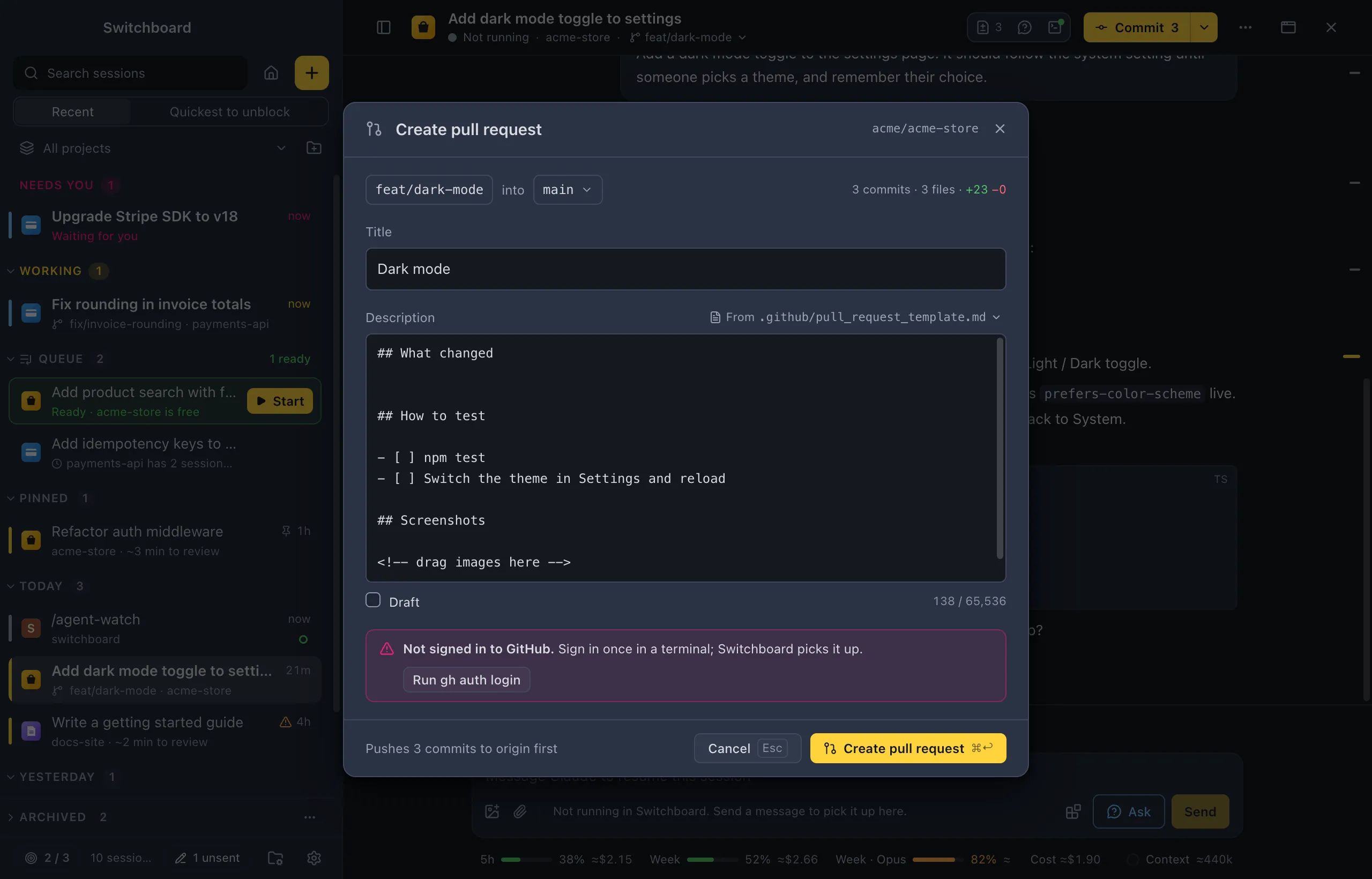 The Create pull request dialog with the notice Not signed in to GitHub. Sign in once in a terminal; Switchboard picks it up, and a Run gh auth login button