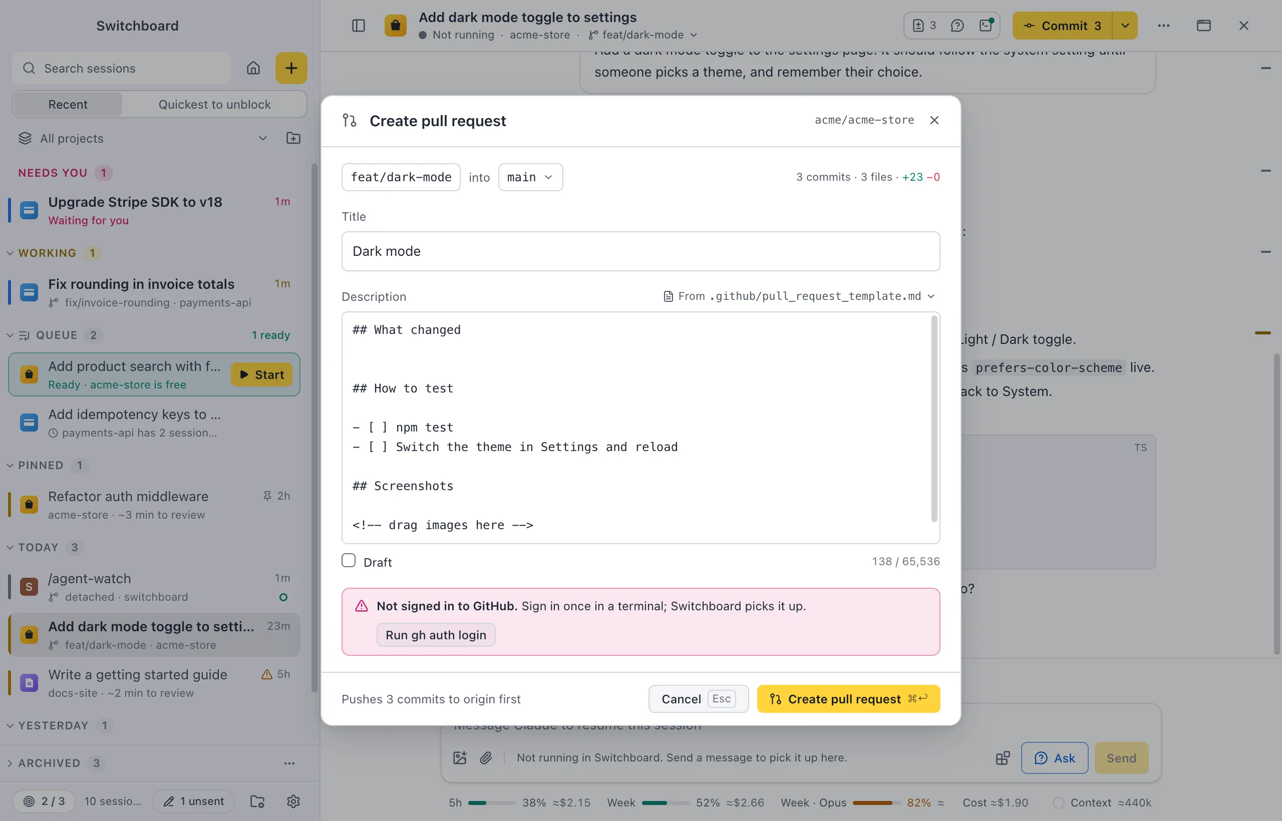 The Create pull request dialog with the notice Not signed in to GitHub. Sign in once in a terminal; Switchboard picks it up, and a Run gh auth login button
