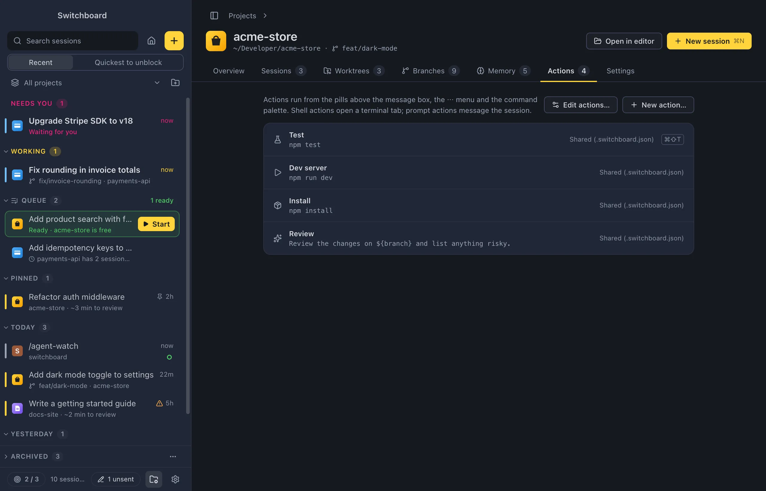 The Actions tab of acme-store: a list of actions such as Test, Dev server, Install and Review, each with its icon, command, where it is saved and its shortcut, with Edit actions and New action buttons