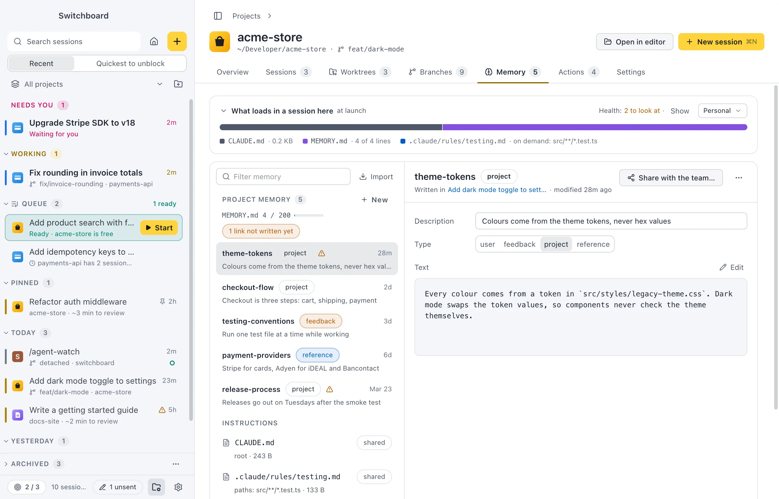 A project's Memory tab: what loads in a session at the top, the project's memories with their type, the instructions the team shares, and personal memory