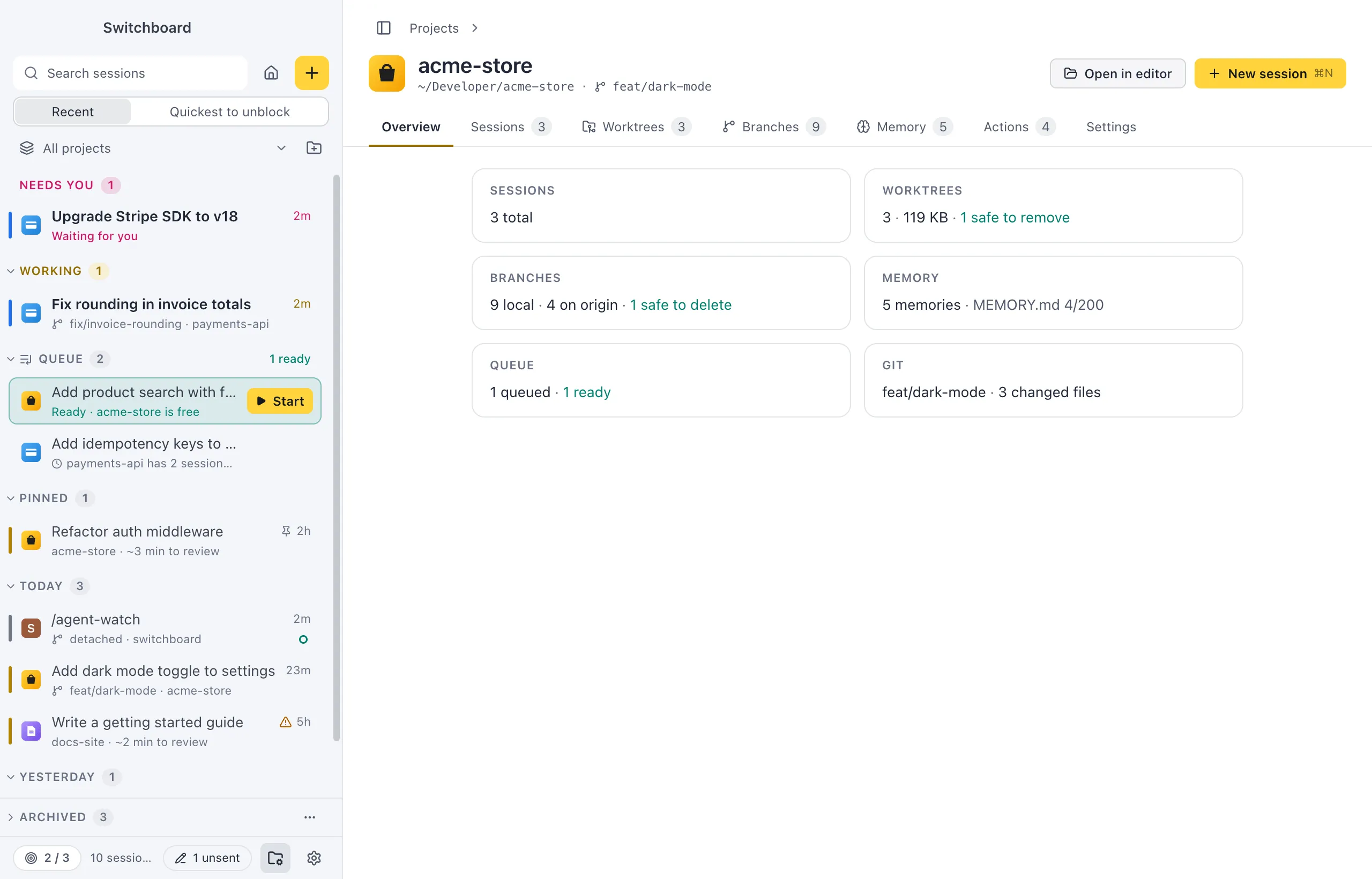 The Overview tab of acme-store: cards for Sessions, Worktrees, Branches, Memory and Git, each with a one-line summary