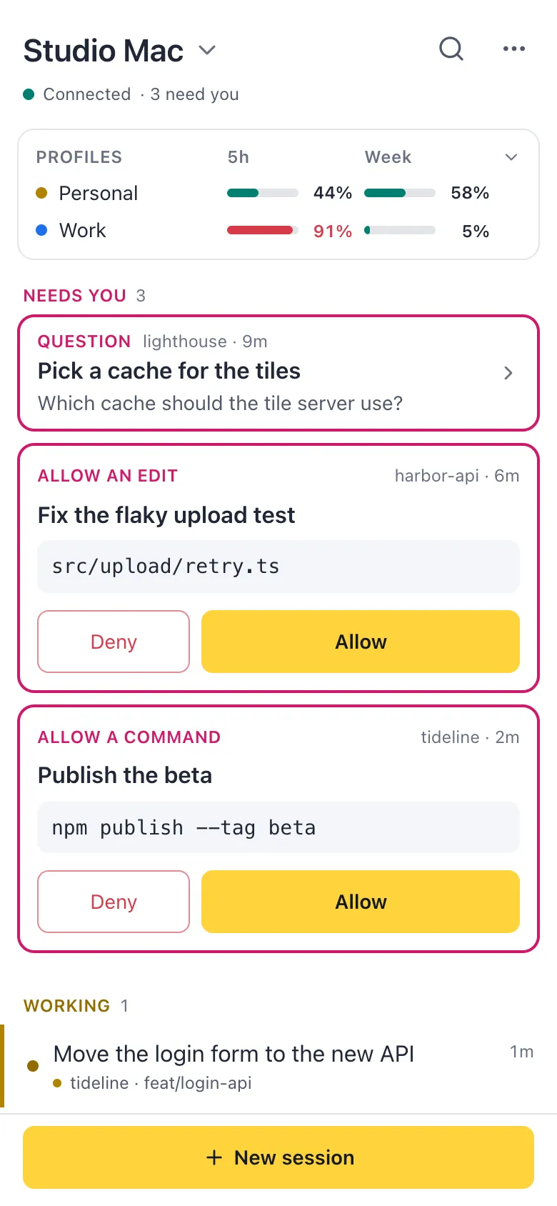 The remote app on a phone: what needs you, what is working, and the usage of every profile