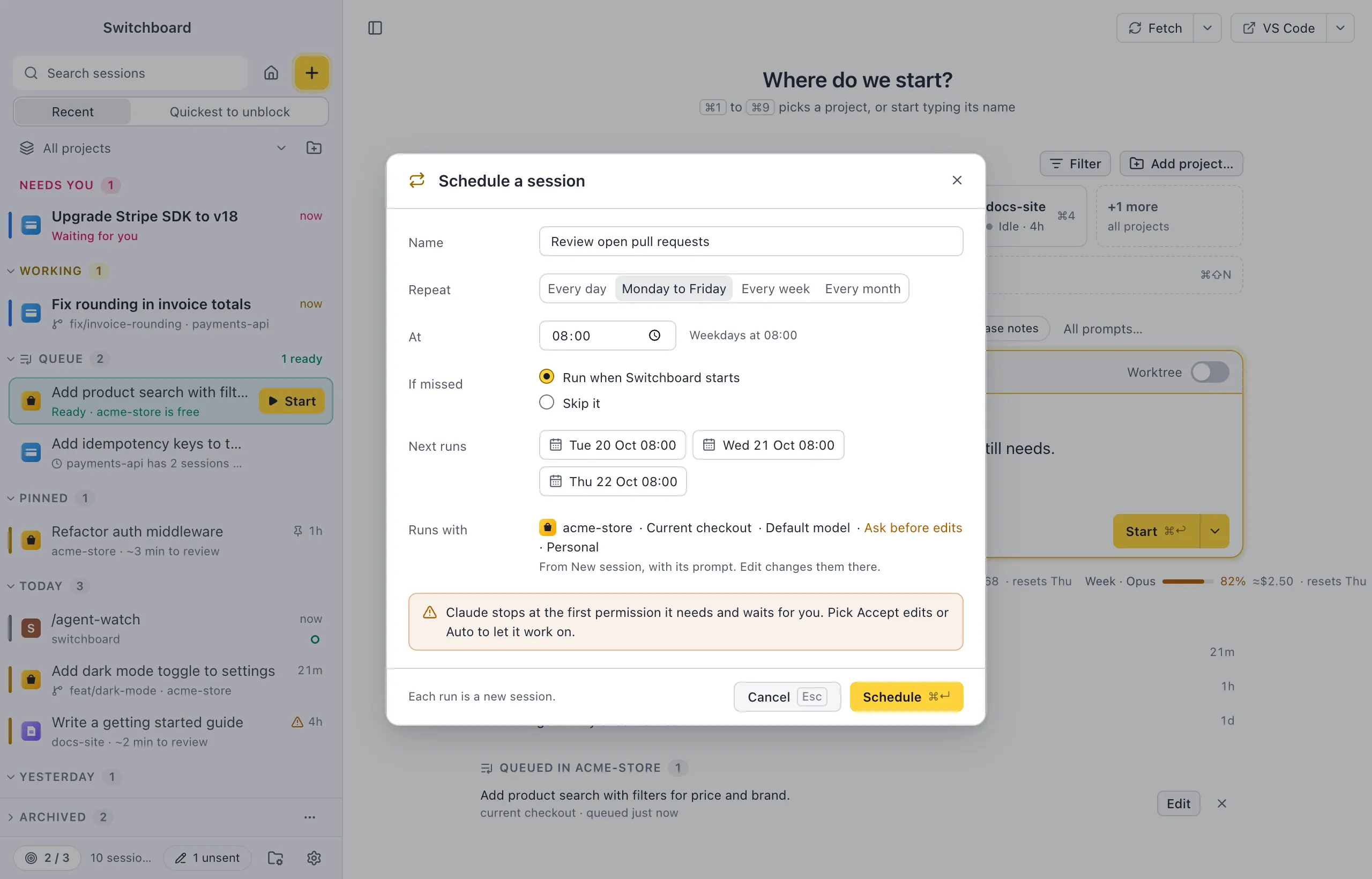 The Schedule a session dialog: a name, Monday to Friday picked under Repeat, 08:00, Run when Switchboard starts, three next runs and what each run starts with