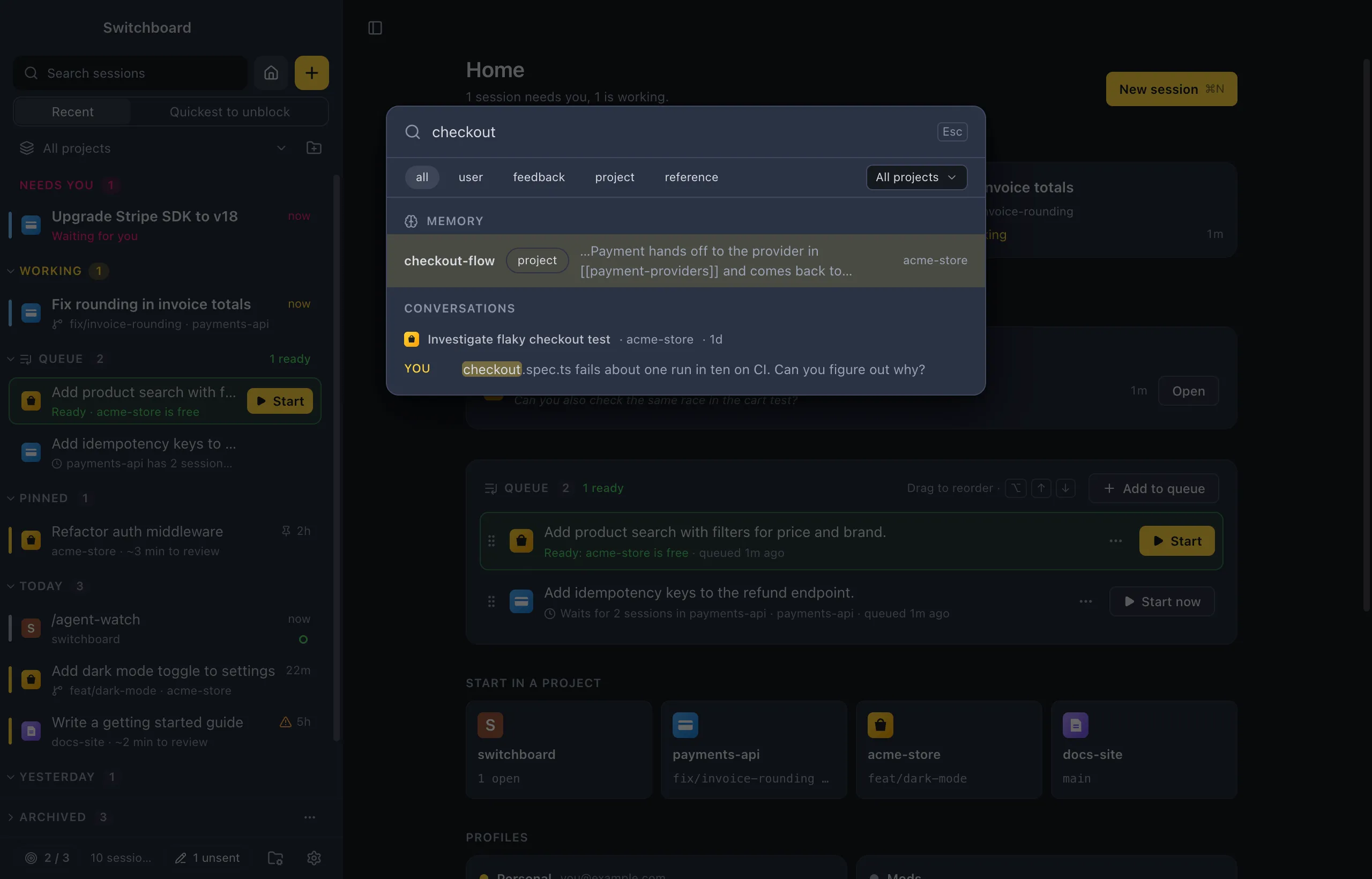 Search with the Memory group of results above the conversations: each memory with its type and project, and chips for all, user, feedback, project and reference