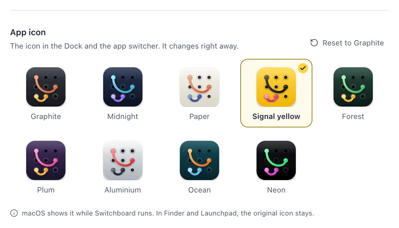 The App icon section: nine icon tiles with Signal yellow chosen, Reset to Graphite, and a note on where the original icon stays
