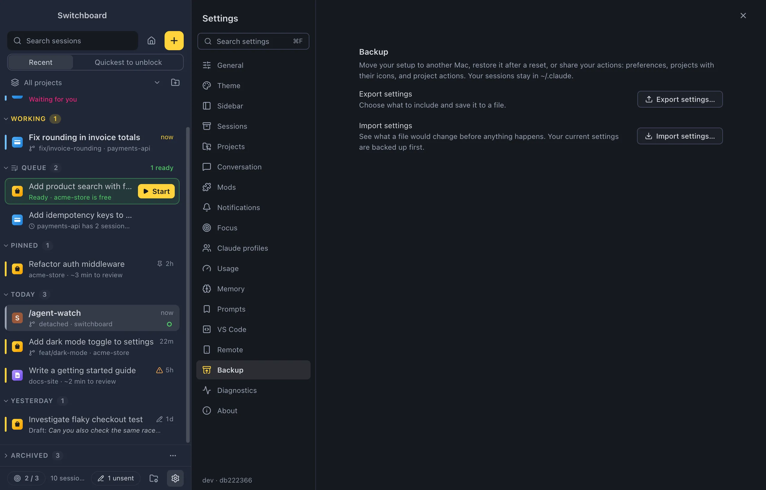 Settings on Backup: Export settings with an Export settings… button, and Import settings with an Import settings… button