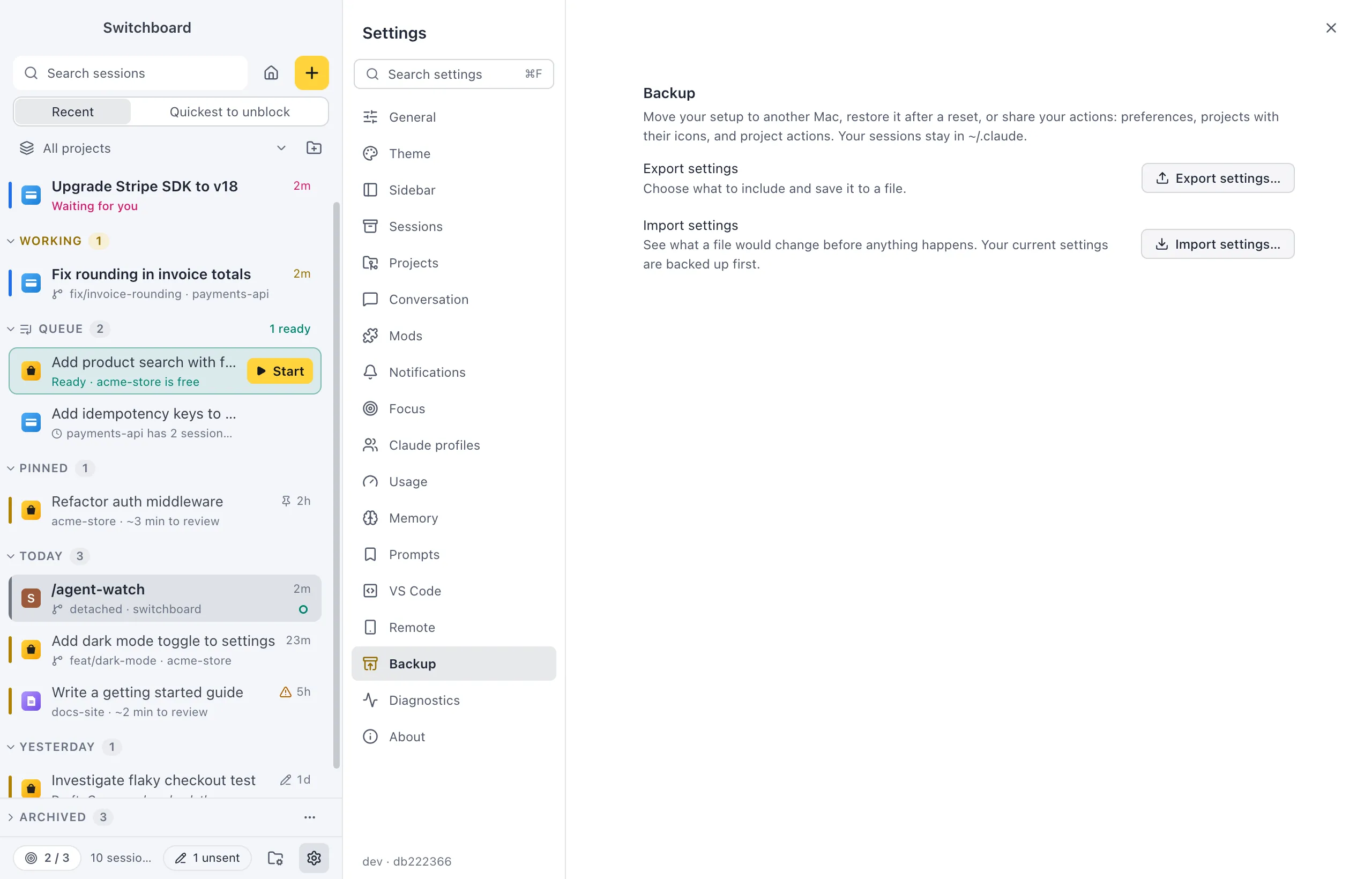 Settings on Backup: Export settings with an Export settings… button, and Import settings with an Import settings… button