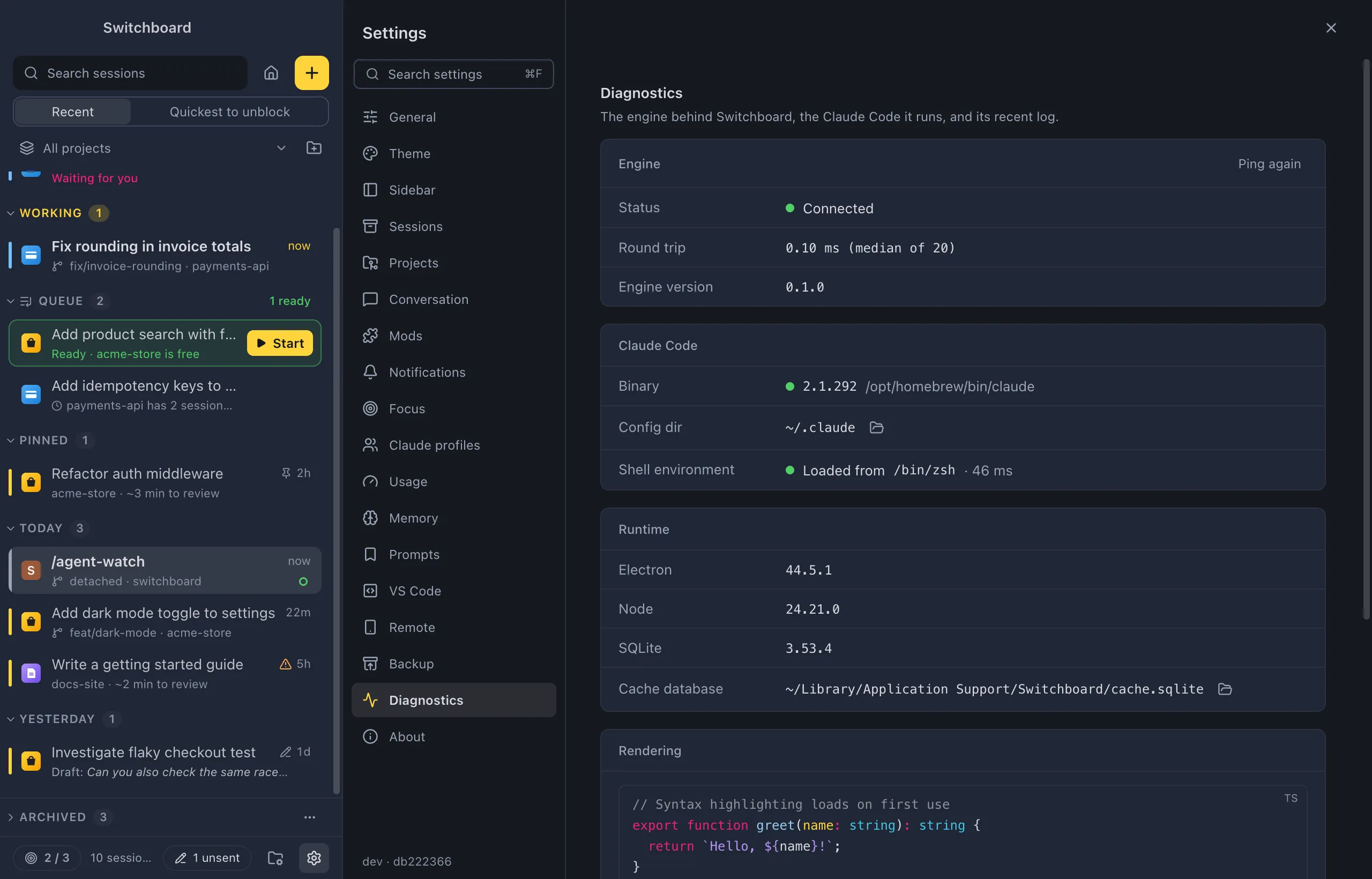 Settings on Diagnostics: the Engine card with its status and round trip, the Claude Code card with the binary, config folder and shell environment, the Runtime card, a Rendering sample and the Engine log