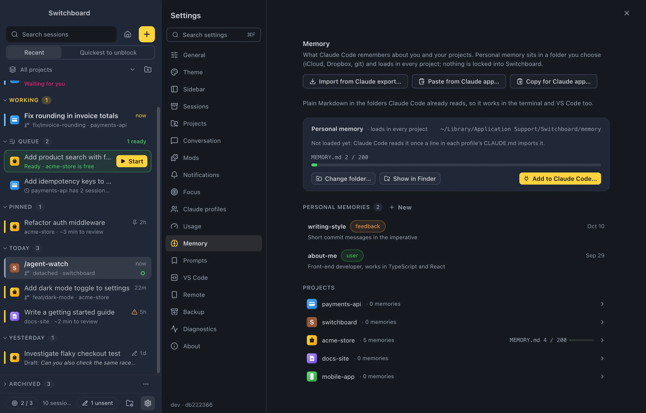 Settings on Memory: Import from Claude export, Paste from Claude app and Copy for Claude app, the Personal memory card with its folder, MEMORY.md meter and Remove from Claude Code, the Personal memories list and every project with its memory count