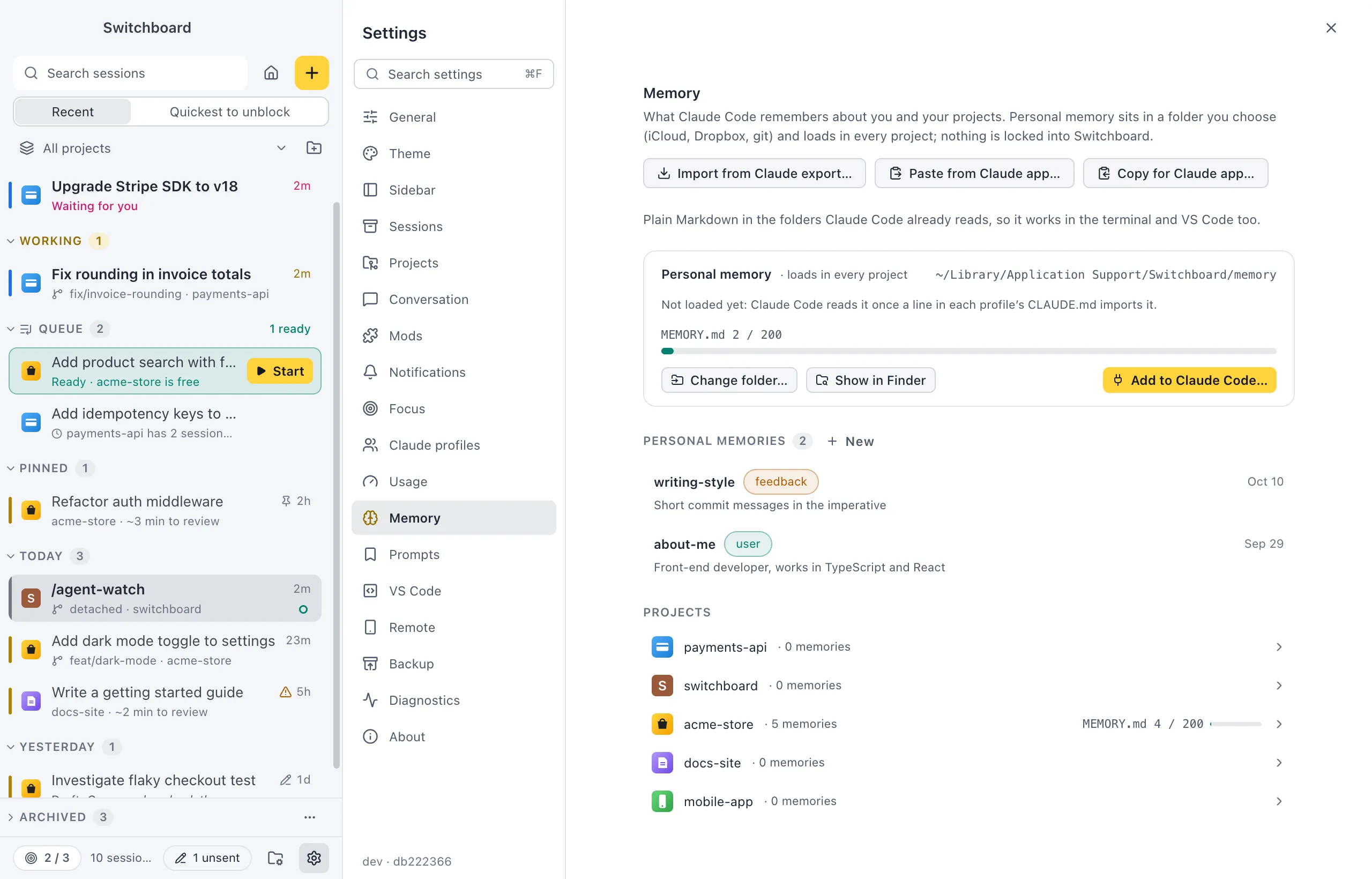 Settings on Memory: Import from Claude export, Paste from Claude app and Copy for Claude app, the Personal memory card with its folder, MEMORY.md meter and Remove from Claude Code, the Personal memories list and every project with its memory count