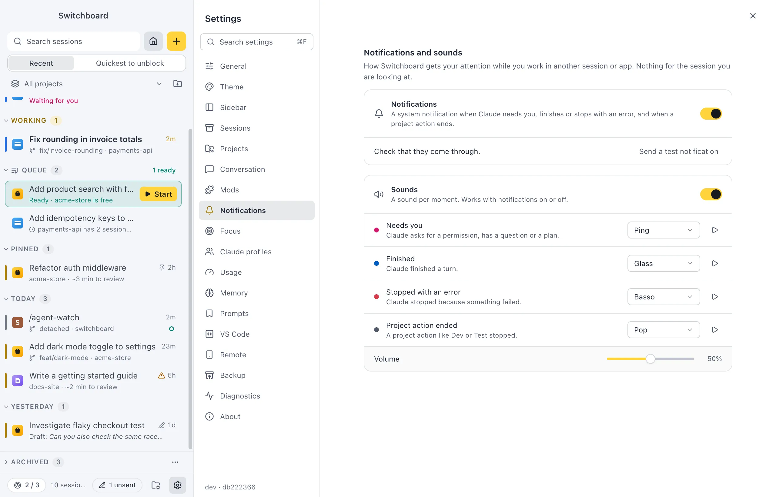 Settings on Notifications and sounds: the Notifications card with its switch and Send a test notification, and the Sounds card with a row for Needs you, Finished, Stopped with an error and Project action ended, each with a sound and a play button, and Volume at the bottom