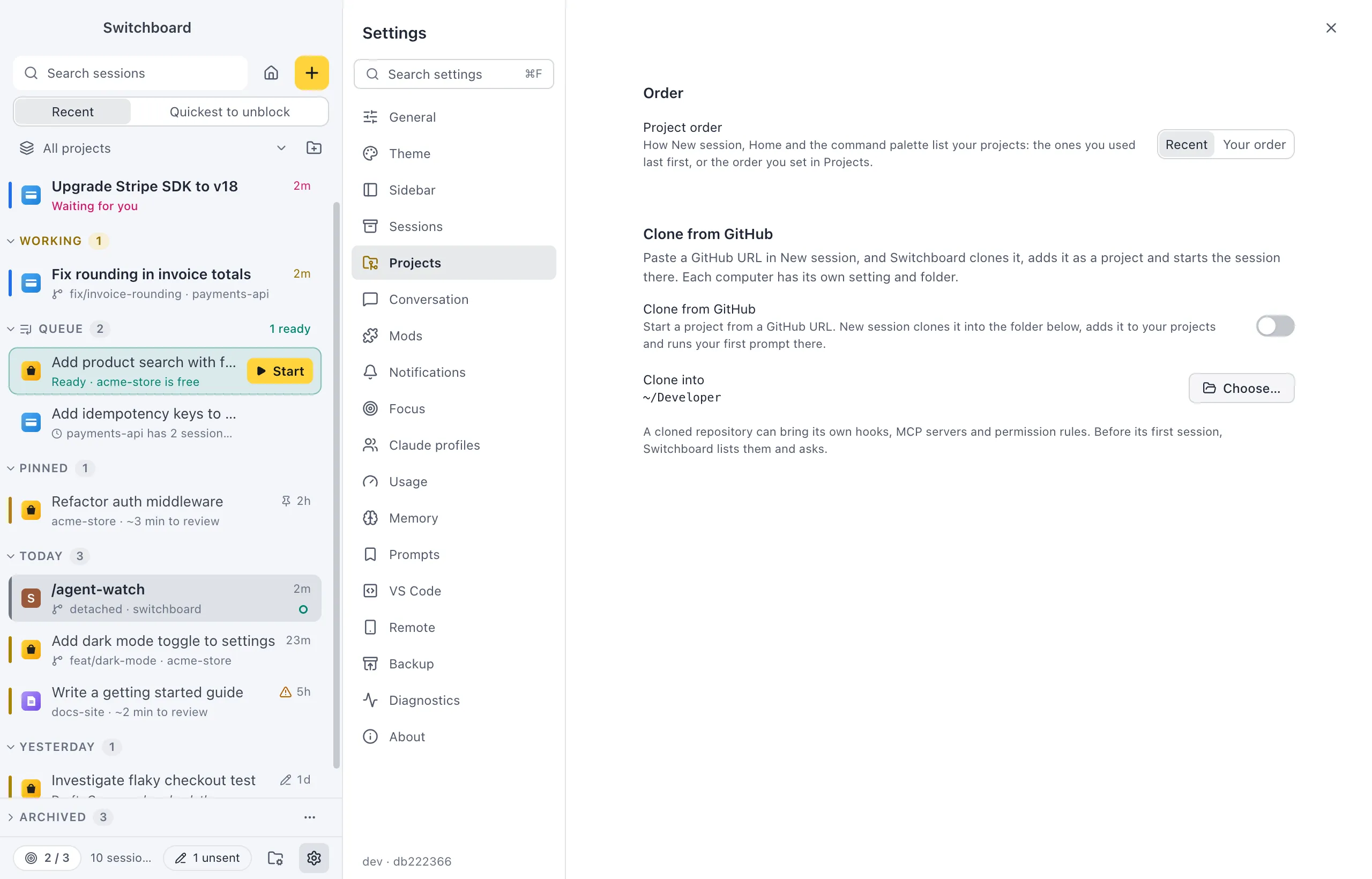 Settings on Projects: Project order with Recent and Your order, and Clone from GitHub off, with Clone into and its Choose… button