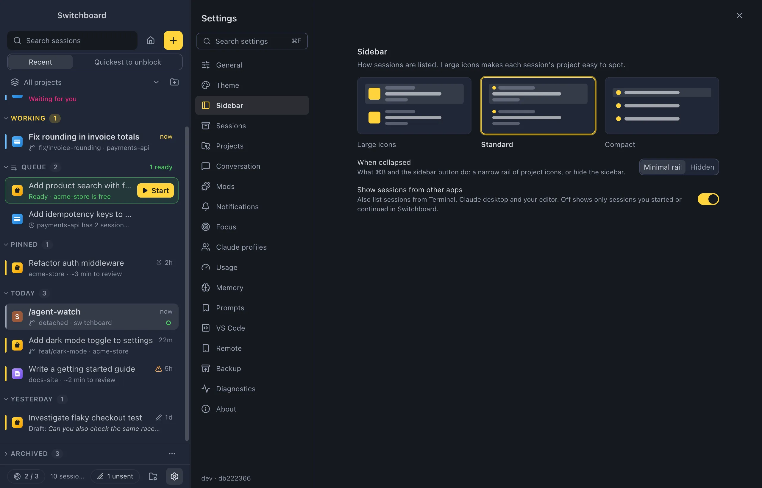 Settings open on Sidebar: the three sidebar styles, the When collapsed choice, and the Show sessions from other apps switch