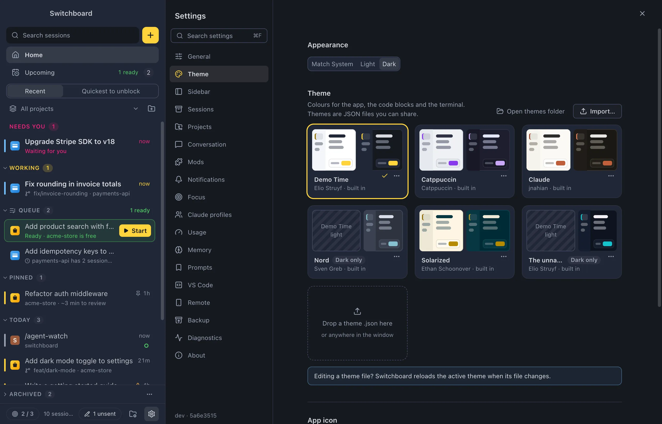 Settings open on Theme: the Appearance control, then a grid of theme cards, each with a light and a dark preview, its name and author, and a dashed card to drop a theme file on