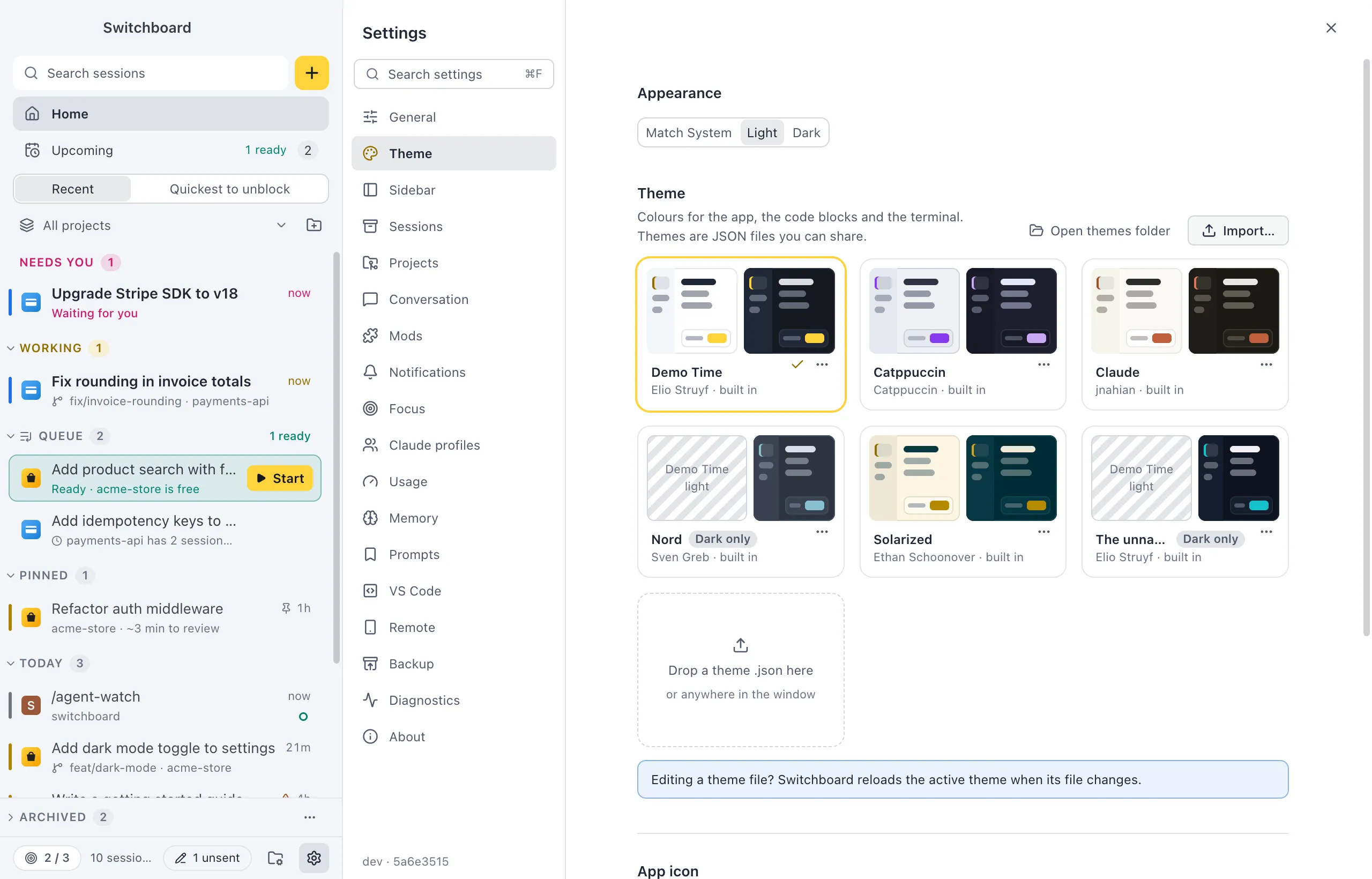 Settings open on Theme: the Appearance control, then a grid of theme cards, each with a light and a dark preview, its name and author, and a dashed card to drop a theme file on
