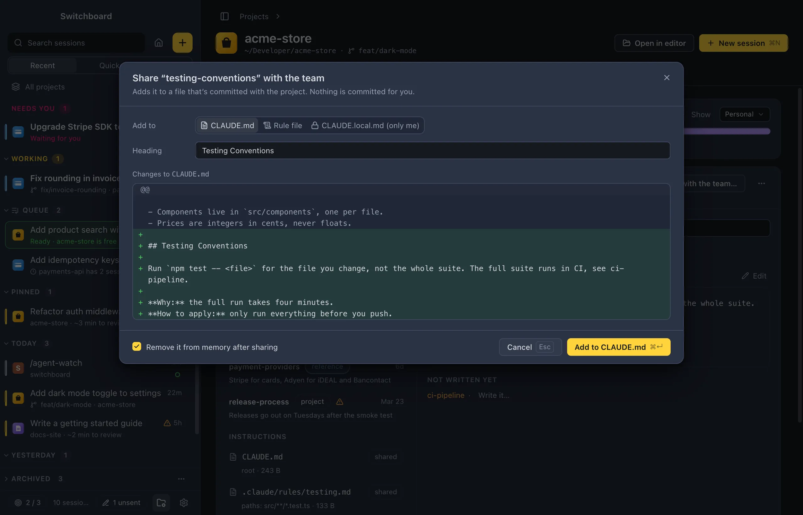 The Share with the team dialog: Add to with CLAUDE.md, Rule file and CLAUDE.local.md (only me), the Heading field, and a preview of the lines it adds to CLAUDE.md