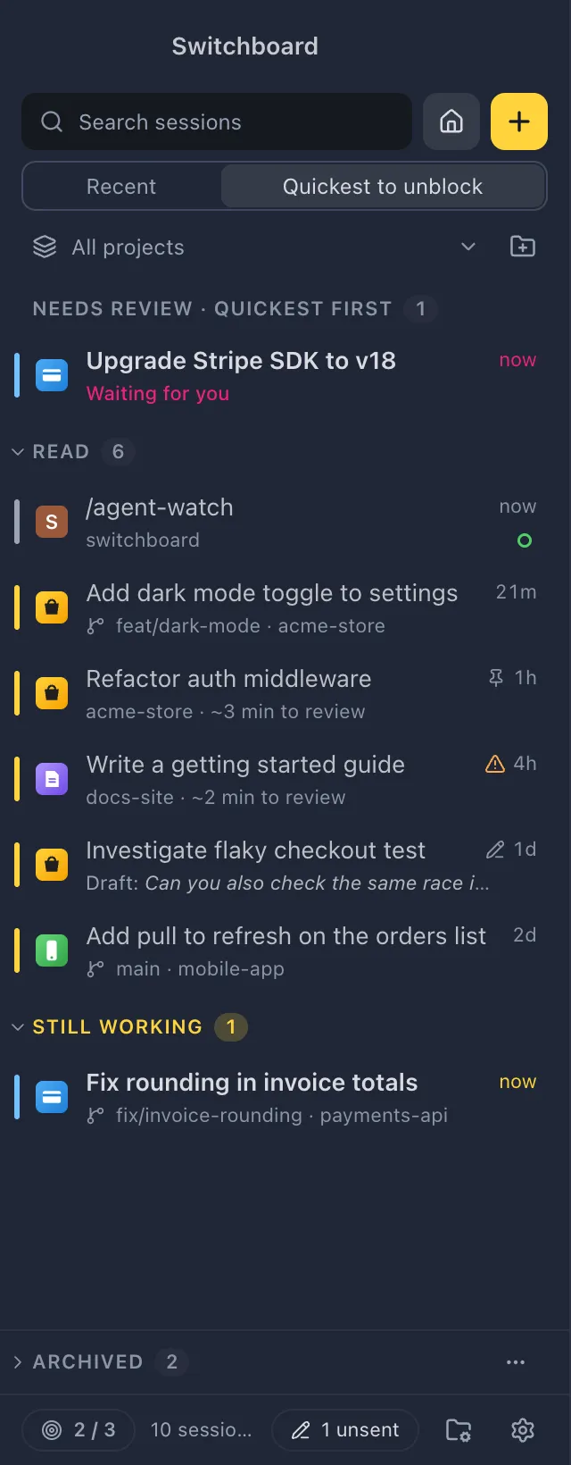 The sidebar sorted by Quickest to unblock: Needs review · quickest first, then Read, with review times and a warning on a session that changed a file outside the plan, then Still working