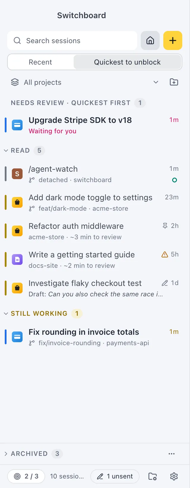 The sidebar sorted by Quickest to unblock: Needs review · quickest first, then Read, with review times and a warning on a session that changed a file outside the plan, then Still working
