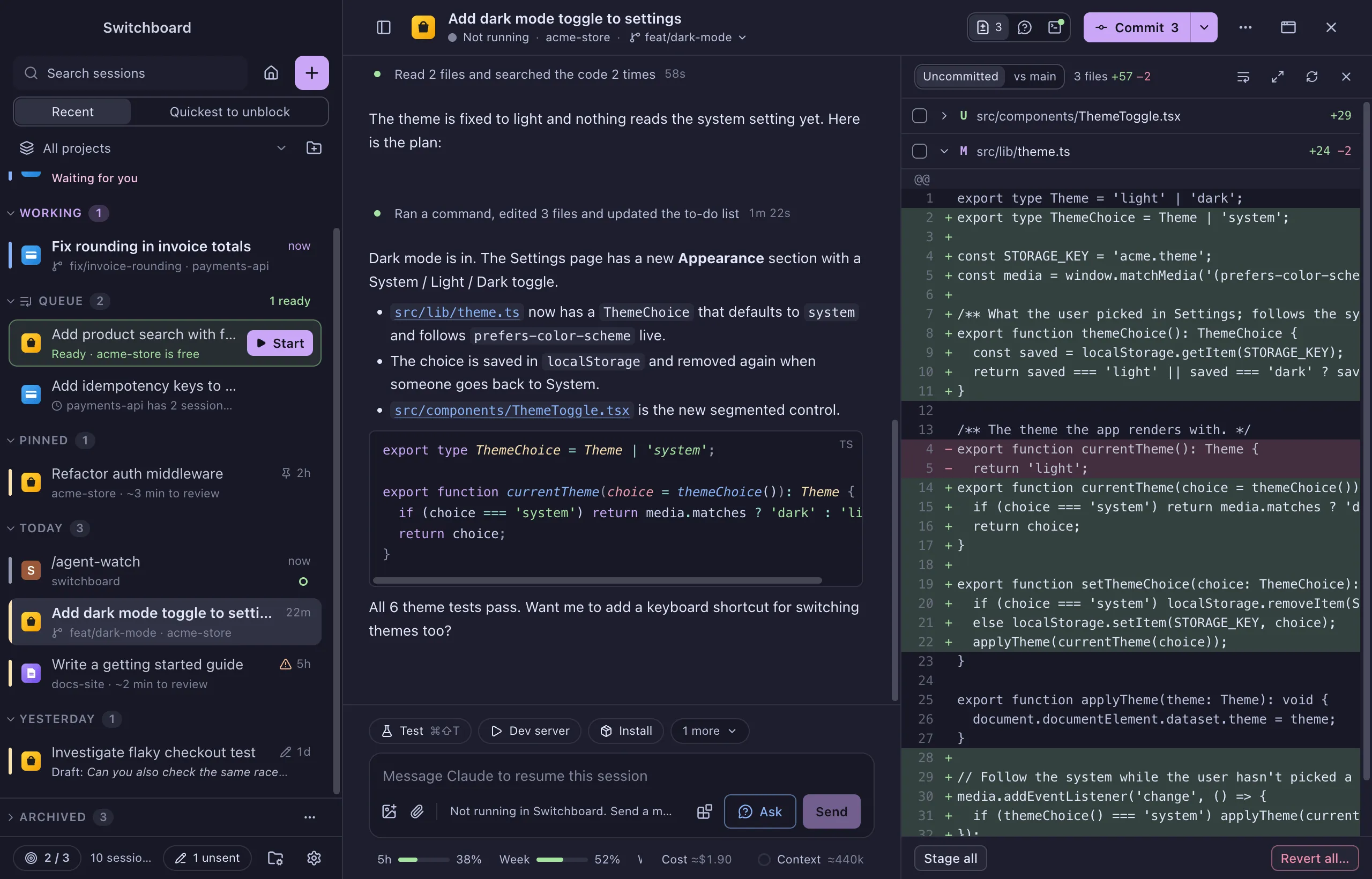 The main window in the Catppuccin theme: the sidebar, a conversation and the Changes panel in Catppuccin's colours